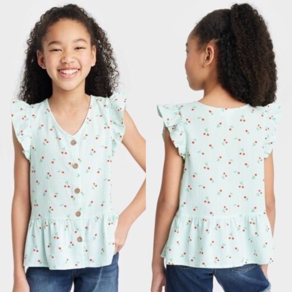 NEW Cat & Jack Cherry Print Ruffle Sleeve Top - Light Turquoise